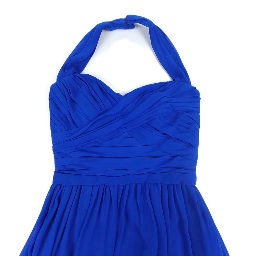 MONIQUE LHUILLIER Chiffon Halter Bridesmaid Gown Maxi Dress Royal Blue 4 Formal - Picture 3 of 8